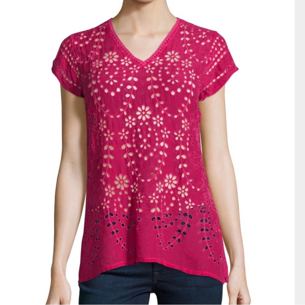 Johnny Was Fuchsia Boho Flower Vine Eyelet Lace V-neck Tee